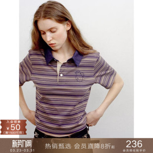 通勤上衣 T恤宽松休闲马球衫 popchrio miu系撞色条纹polo翻领短袖