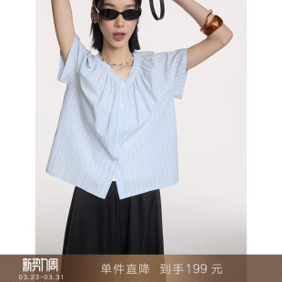 衬衣纯棉衬衫 复古木耳边v领条纹短袖 小飞袖 上衣女夏 到手199元