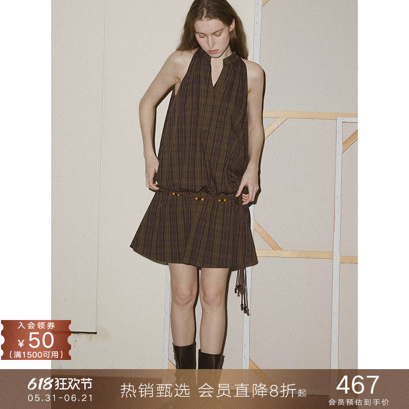 popchrio◆复古格子挂脖无袖吊带V领背心连衣裙宽松收腰花苞裙子