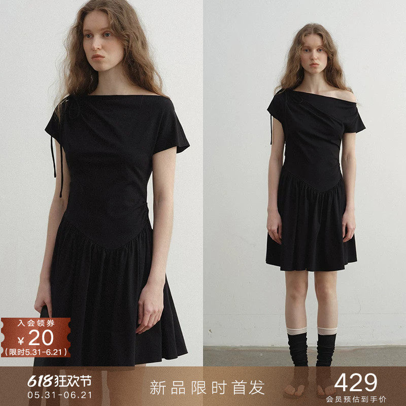 05/31新品 不对称斜肩叠褶系带短袖拼接连衣裙针织收腰显瘦短裙子