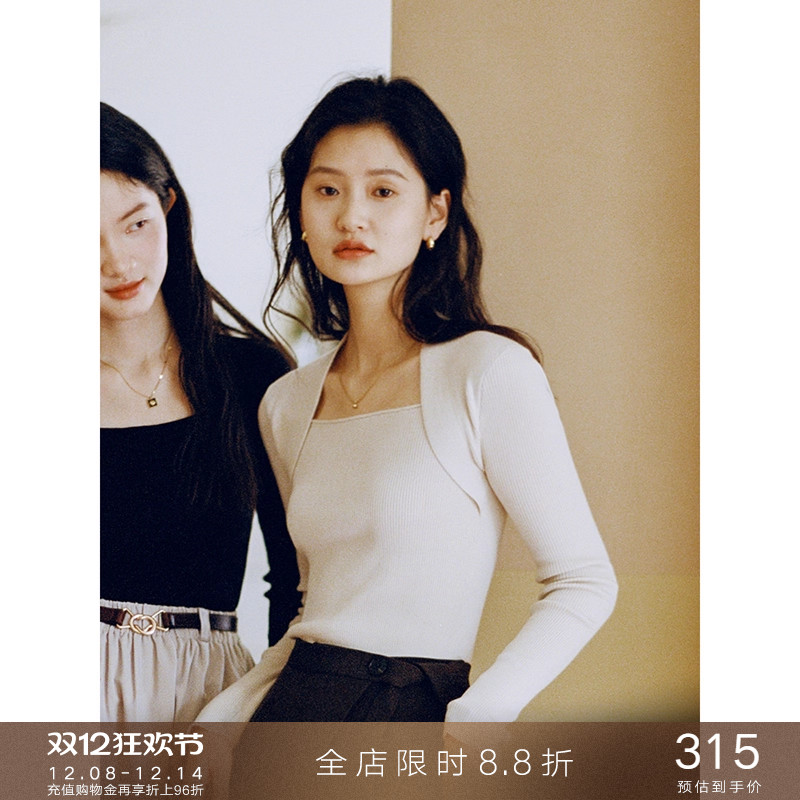 popchrio法式方领长袖针织T恤