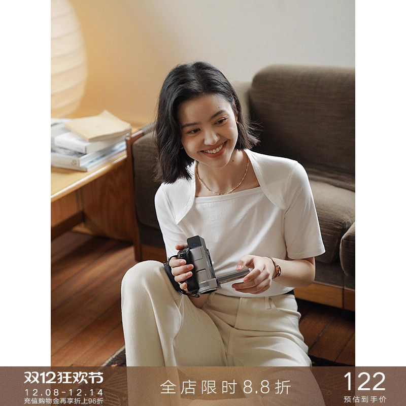 popchrio短袖交叠挂肩一字领T恤