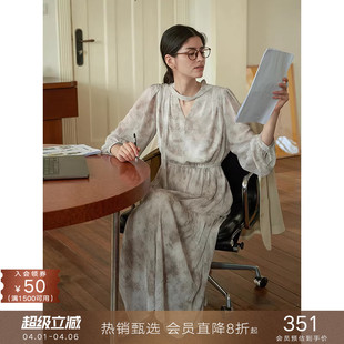 popchrio 印花复古长袖 V领连衣裙收腰雪纺中长款 裙子女 情书系列