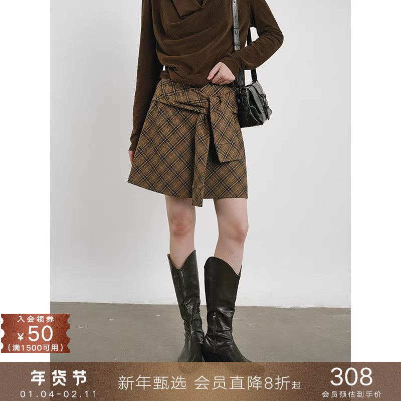 popchrio◆复古毛呢假两件绑带格纹半身裙小个子高腰a字格子短裙