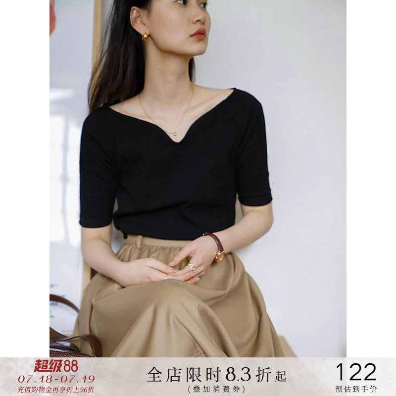 v领修身短袖上衣纯棉t恤打底衫