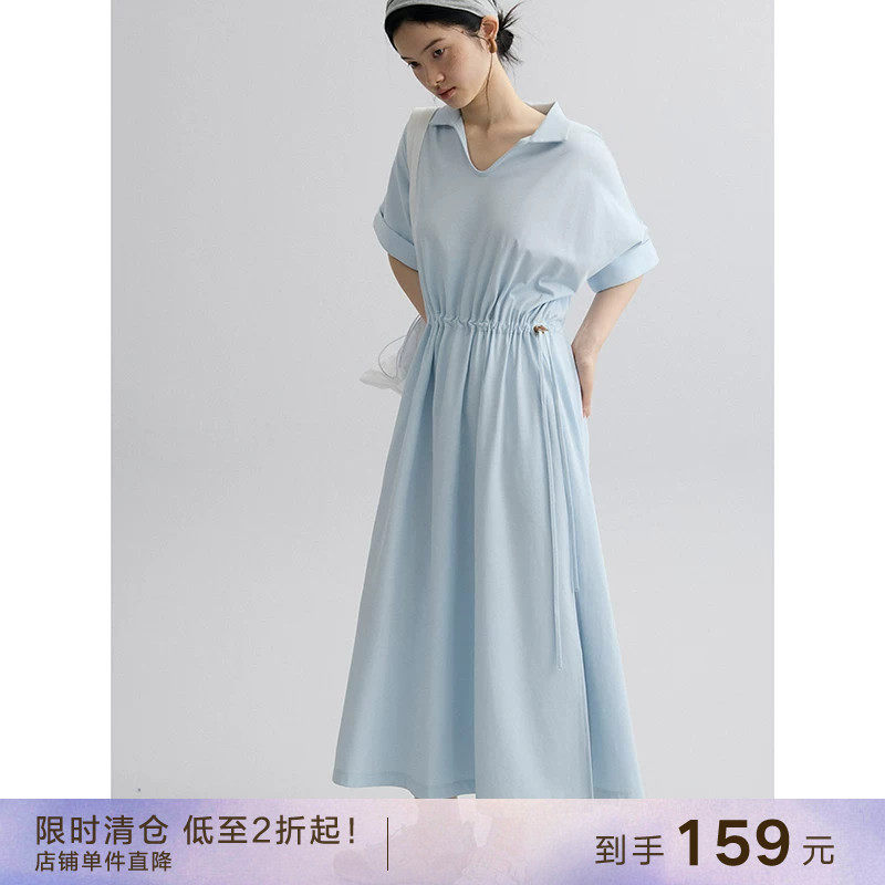 【到手159元】法式休闲V领短半袖连衣裙抽绳收腰宽松中长款裙子女