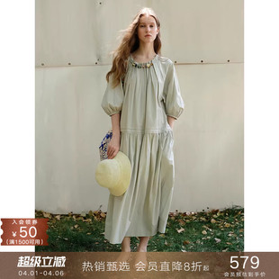 连衣裙度假风中长款 裙子 莱赛尔棉设计感串珠泡泡半中袖 popchrio
