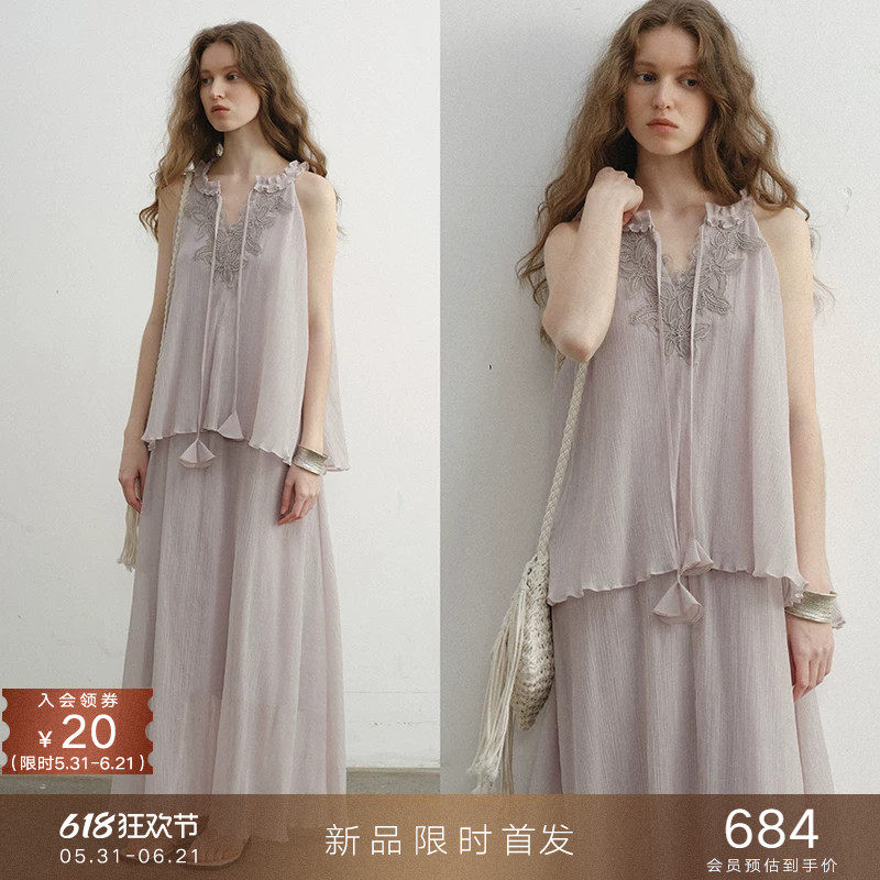 05/31新品 度假风轻盈棉质雪纺挂脖无袖连衣裙蕾丝A字长裙子女夏