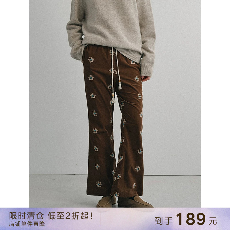 【到手189元】复古遛弯裤 刺绣灯芯绒松紧高腰微喇纯棉休闲长裤子