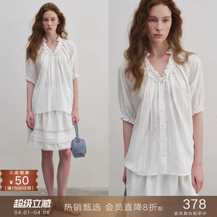 衬衫 popchrio 法式 复古荷叶边v领抽褶系带短袖 宽松薄衬衣娃娃衫
