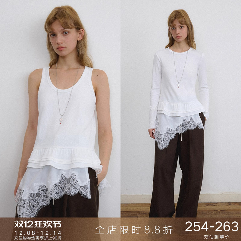 popchrio不规则蕾丝花边圆领T恤