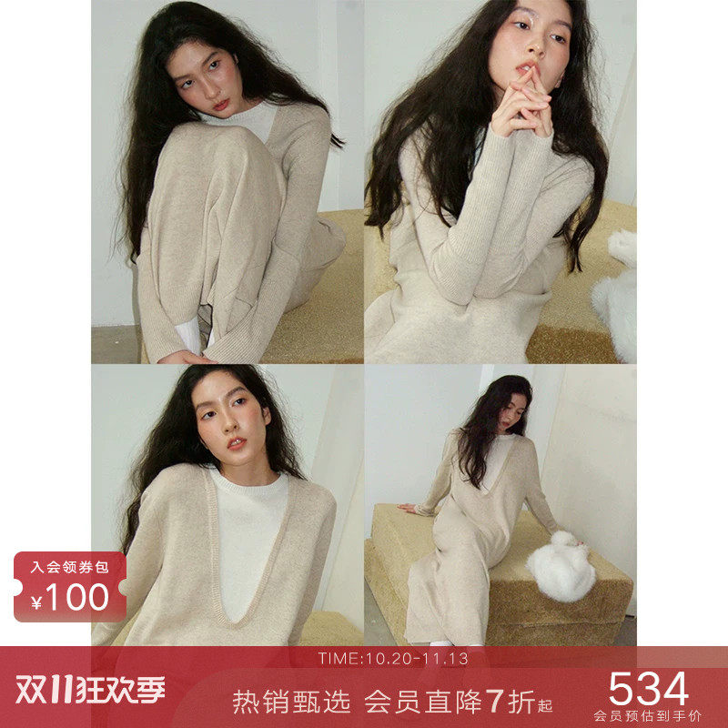 popchrio◆慵懒风100%羊毛假两件廓形连衣裙宽松显瘦毛衣长裙女冬