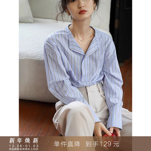 法式 衬衫 复古港风小立领条纹长袖 别致全棉衬衣上衣 到手129元