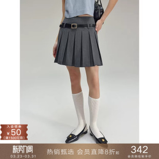 popchrio 半身裙子女夏 低腰袢学院风百褶短裙小个子显瘦A字西装