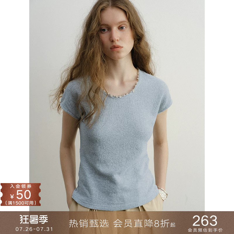 popchrio手工钻饰圆领收腰短袖