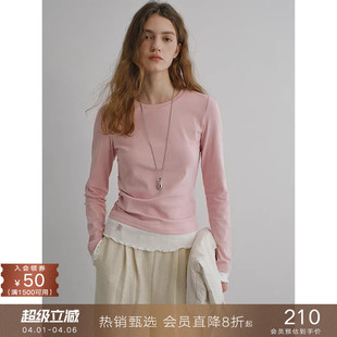 打底衫 T恤抽褶修身 popchrio设计感假两件撞色木耳边拼接圆领长袖