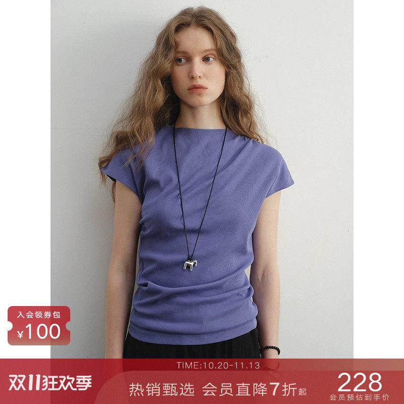 popchrio◆解构设计感小飞短袖T恤抽褶收腰修身棉上衣打底衫女夏