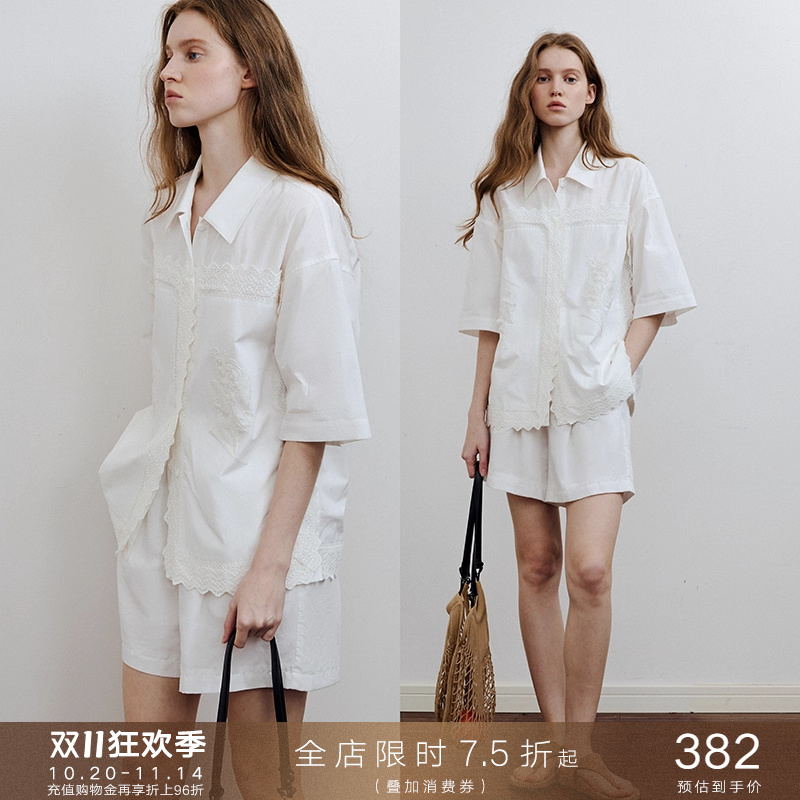 popchrio◆重工纯棉刺绣半中袖衬衫小众设计感宽松休闲薄衬衣女夏