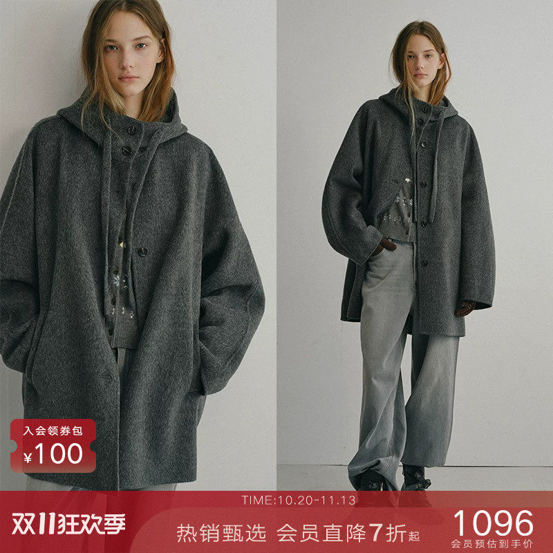 popchrio◆慵懒风高支羊毛连帽双面呢外套小个子短款斗篷毛呢大衣