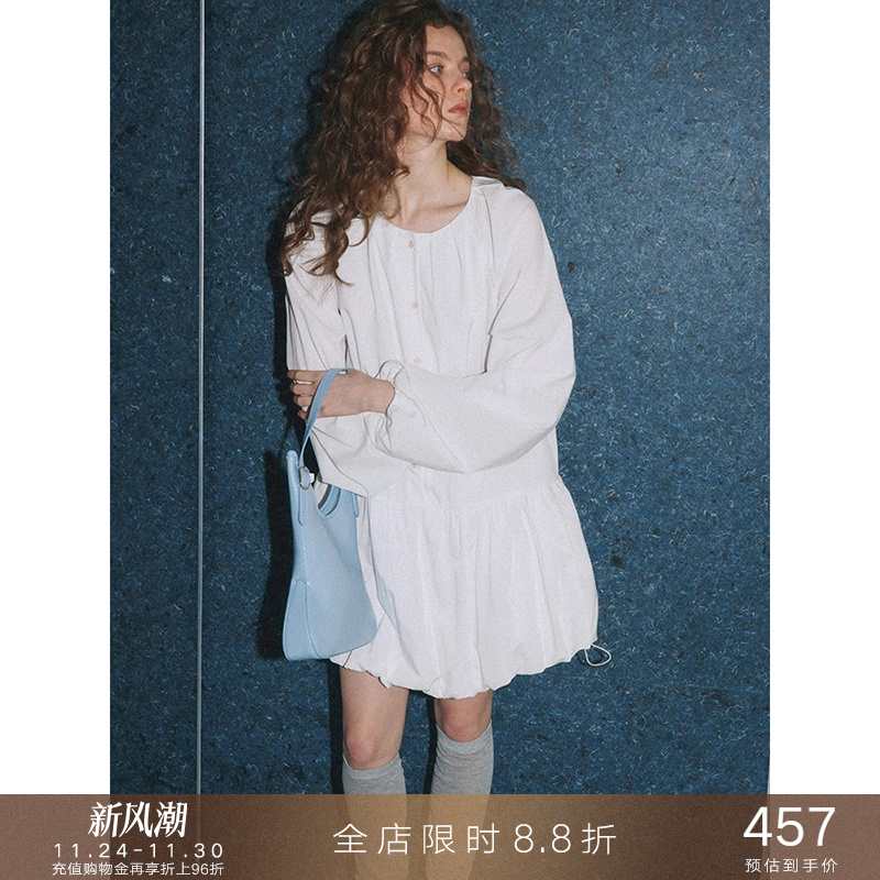 popchrio法式花苞灯笼袖衬衫裙