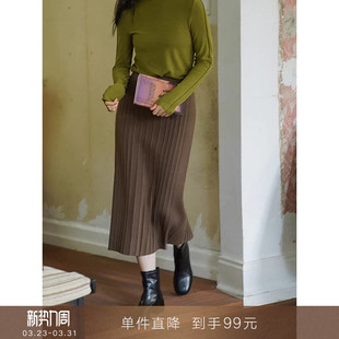 高腰针织半身裙后开叉卡其色a字裙中长款 简约日常 女 到手99元