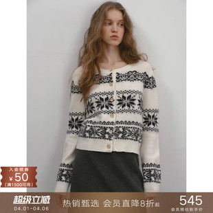 popchrio 宽松加厚毛衣外套 100%羊毛复古费尔岛提花圆领针织开衫