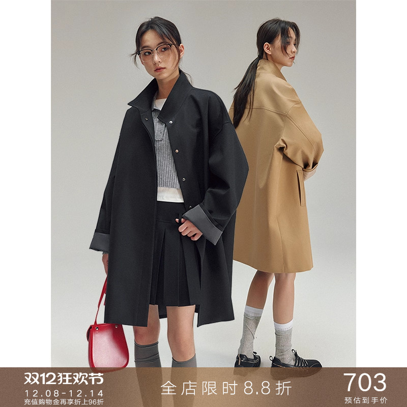 popchrio立挺廓形立领长绒棉风衣