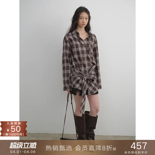 衬衫 宽松休闲格子衬衣女 设计感可拆卸屁帘两穿格纹长袖 popchrio