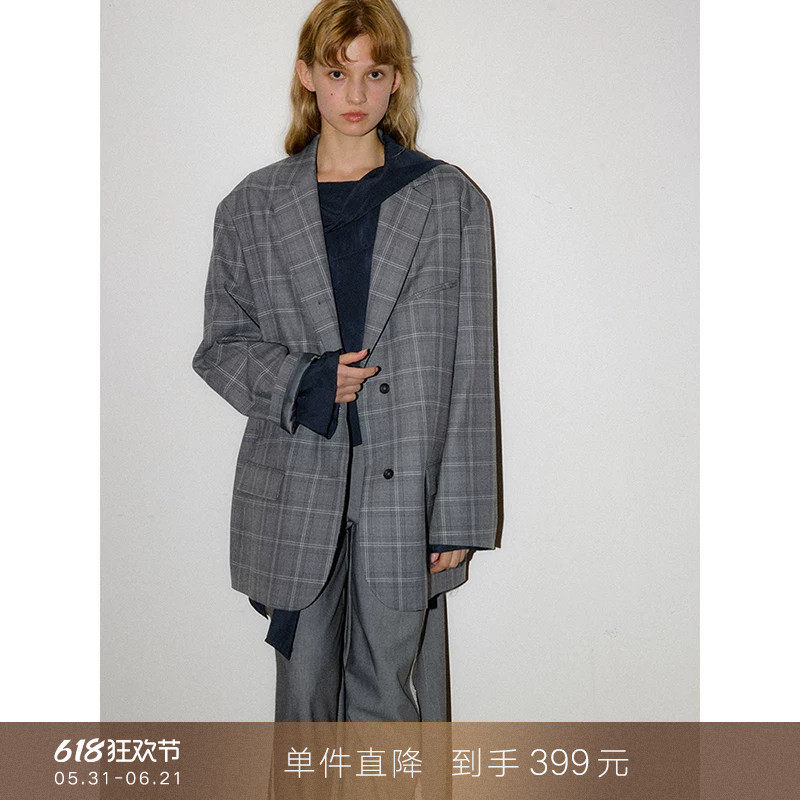 【到手399元】古着风复古休闲格子西装外套高级感宽松廓形西服女