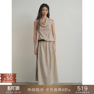 挂脖背心裙子 荡领连衣裙褶皱收腰a字中长款 popchrio 假两件无袖