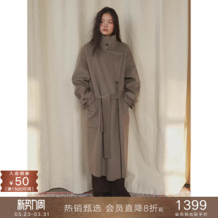 popchrio 80高支羊毛立翻领廓形双面呢大衣低腰毛呢外套女中长款