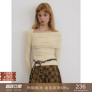 T恤修身 显瘦锁骨上衣女 不规则小众设计感优雅露肩长袖 popchrio