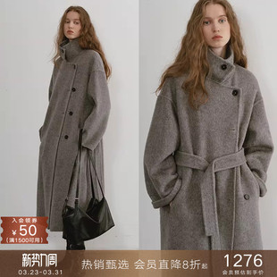 加厚毛呢外套女 80支羊毛翻领收腰双面呢大衣中长款 popchrio 经典