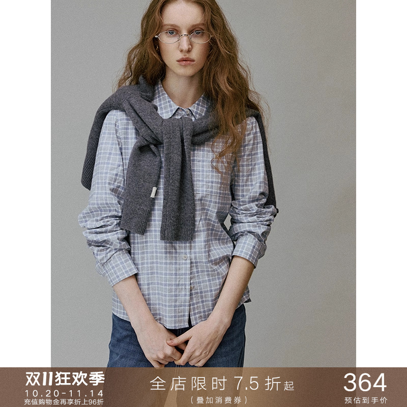 娃娃领复古磨毛格子衬衫