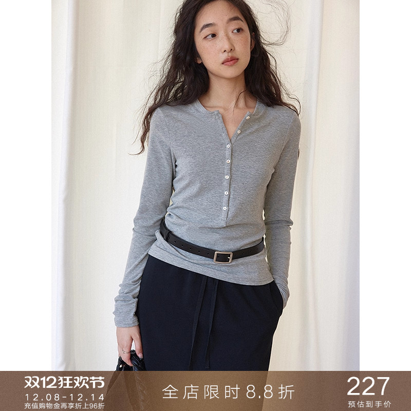 popchrio软糯半开领长袖针织T恤