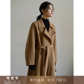 到手799元 80支莼羊毛摩登呢子大衣双面翻领系带毛呢外套女冬