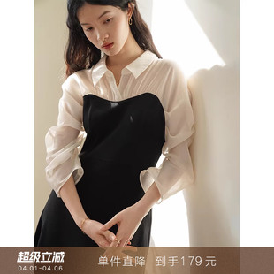 法式 复古设计感小众连衣裙小个子通勤翻领中长裙子 到手179元