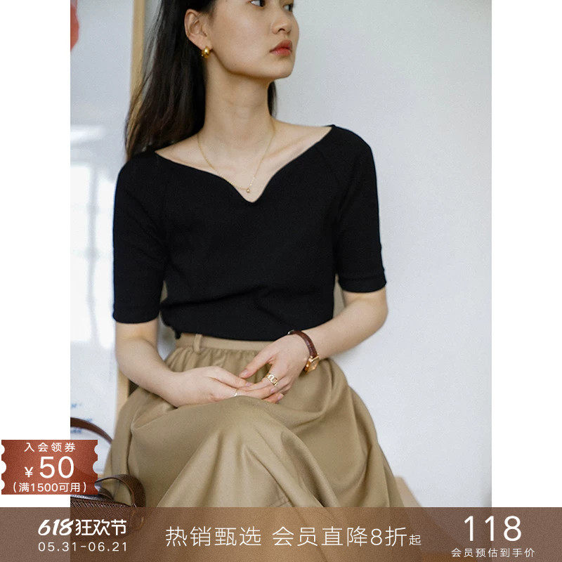 popchrio◆洋气海鸥V领一字肩修身半短袖上衣纯色棉感T恤打底衫女