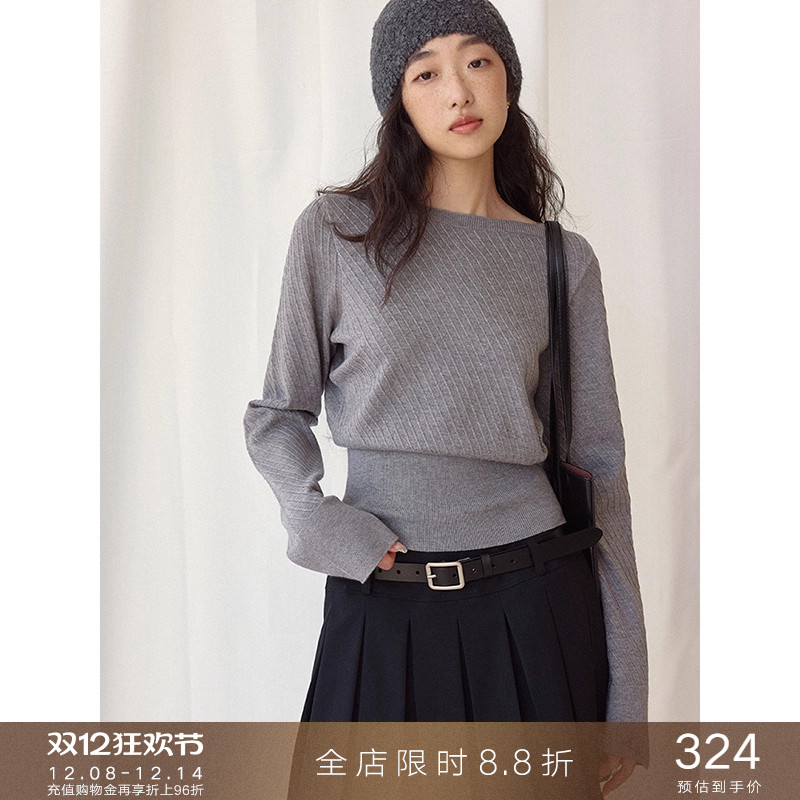 popchrio软糯羊毛一字领针织衫