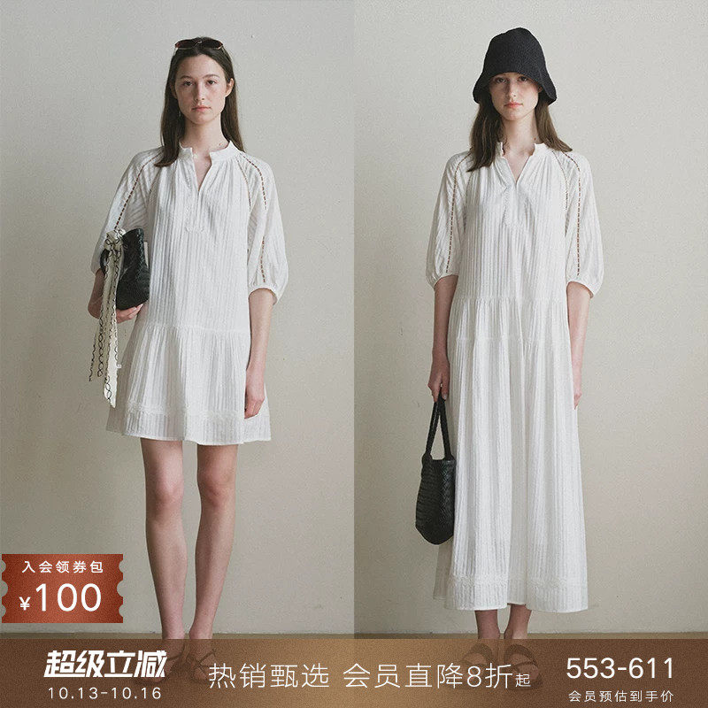 popchrio◆别致镂空蕾丝泡泡半中袖连衣裙度假风白色中长短裙子女