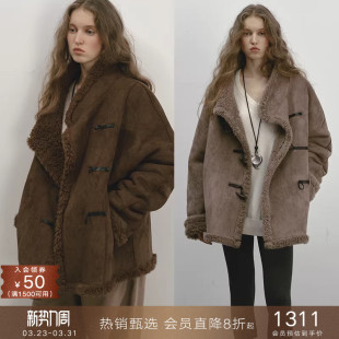 popchrio 100%羊毛双面两穿仿皮毛一体羊羔毛绒感大衣牛角扣外套