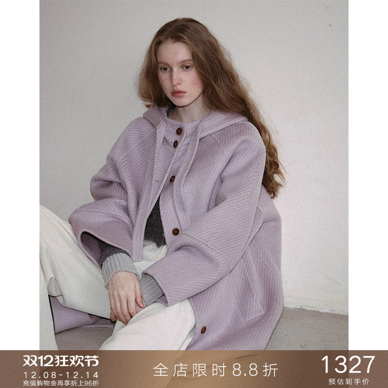 popchrio定纺斜纹连帽抽绳大衣