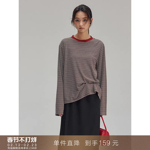 【到手159元】复古百搭撞色圆领条纹长袖T恤宽松小个子上衣打底衫