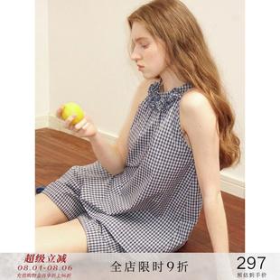 女夏季 立體小花不規(guī)則格子掛脖小背心寬松高腰休閑短褲 popchrio