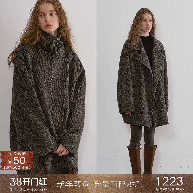 popchrio◆茧型加厚立翻领含驼绒羊毛双面呢大衣宽松短款毛呢外套 - popchrio