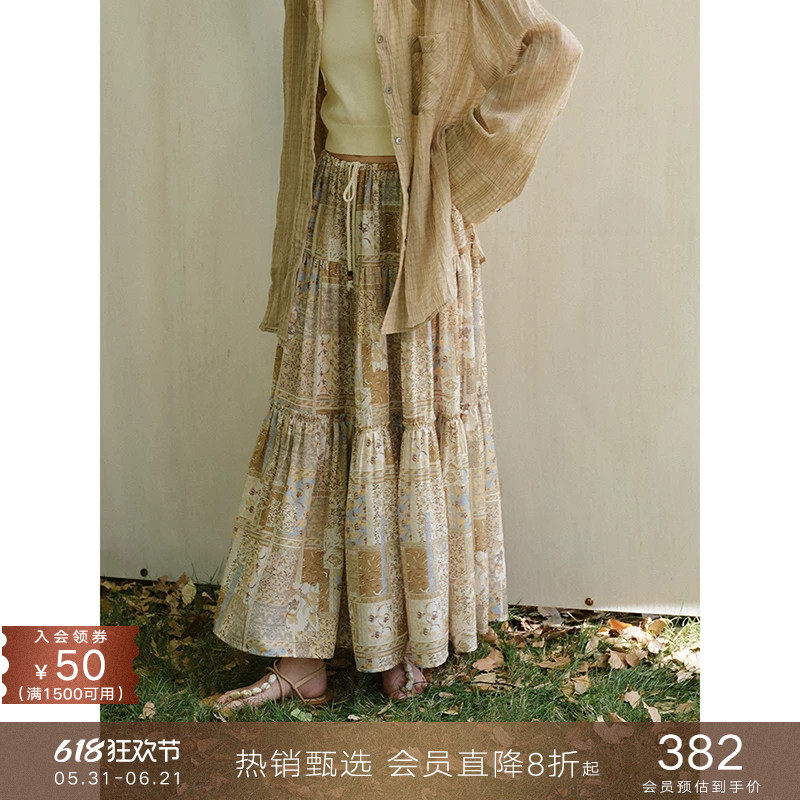 popchrio◆复古波西米亚印花半身裙度假风松紧高腰大摆伞裙子女夏