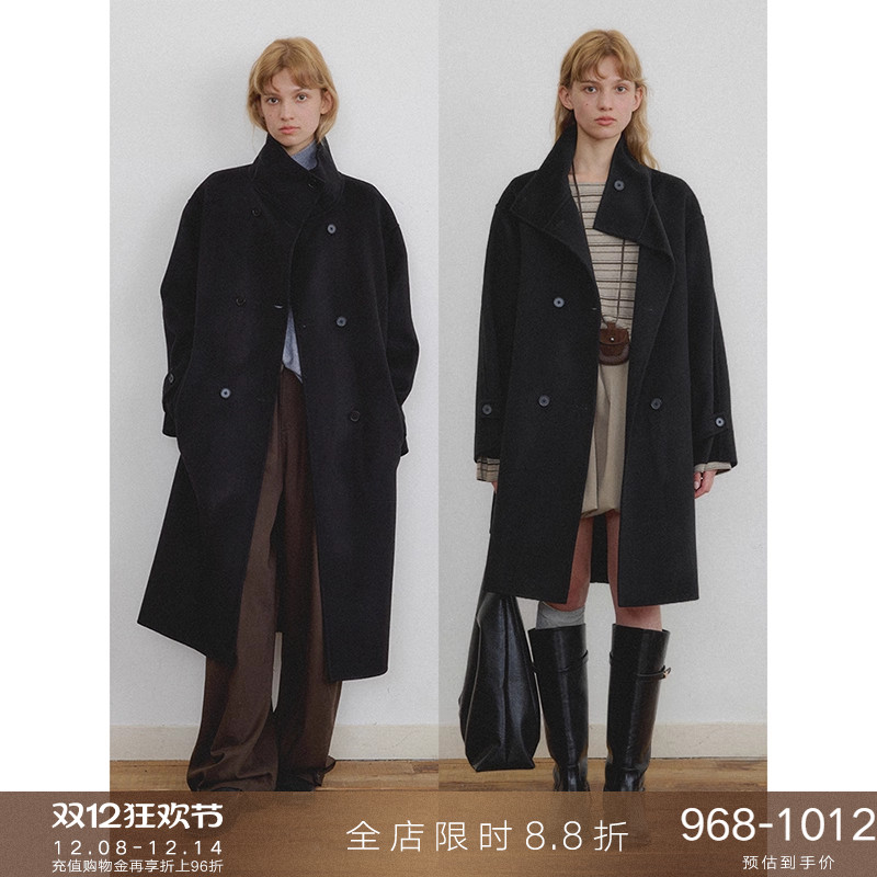 popchrio经典黑色立领毛呢外套