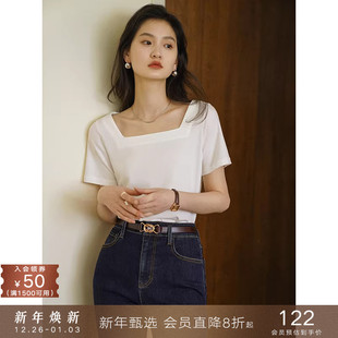 T恤半袖 V领复古方领白色宽松短袖 锁骨上衣女 CHAO好穿 popchrio