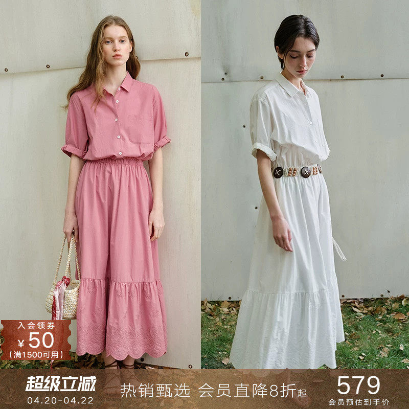 popchrio◆复古刺绣莱赛尔短袖衬衫连衣裙宽松收腰A字茶歇裙子女