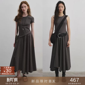 03/23新品 不规则拼接假两件短袖格子连衣裙显瘦长款针织背心裙子